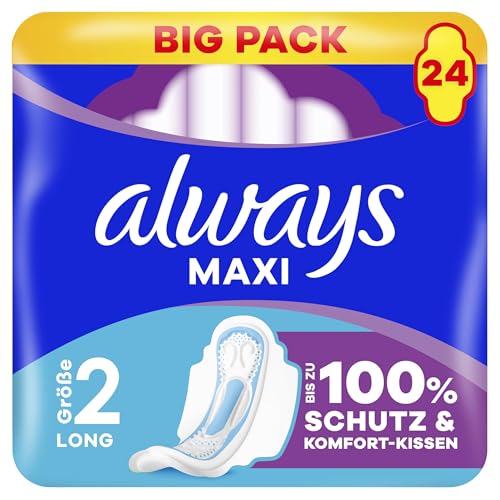 Always Maxi Long Binden (Größe 2) Flügel 24 Stück Für Stärkere Tage Damenbinden Bis Zu 100% Schutz & Komfort-Kissen