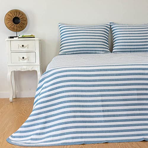 Casa da Laura - Colcha Blanca y Azul Vaquero para Cama 90 - Colcha 180 x 270 cm - Colcha con Rayas - 50% Algodón y 50% Poliéster