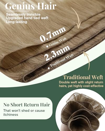 Image of Ugeat Genius Weft Hair Extensions Real Human Hair Ombre Genius Weft Hair Extensions Light Brown Mix Platinum Blonde Balayage Genius Wefts Sew in Hair Extension Add Volume 22 Inch 80G