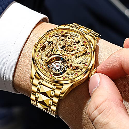 Image of OUPINKE Men's Watches Automatic Self-Winding Luxury Diamond Mirror Skeleton Mechanical Watch Date Dress Business Tungsten Steel Waterproof Luminous Wrist Watches for Men