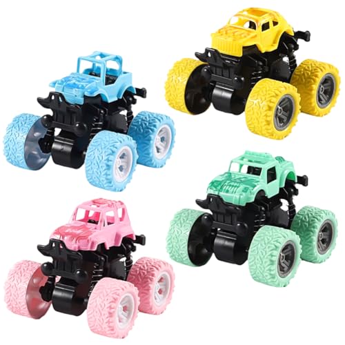 4 pezzi Monster Truck Giocattolo Veicolo Fuoristrada Grandi Ruote in Gomma 4 x 4 Veicoli Alimentati da Inerzia Rotazione Acrobazie a 360°, Scala 1:64 (Jaune, bleu, vert, rose)