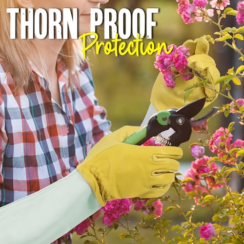 Image of HANDLANDY Rose Pruning Gardening Gloves for Men Women, Thorn Proof Forearm Protection Leather Garden Gloves, Gardening Gifts for Gardeners (Golden Yellow, X-Large)