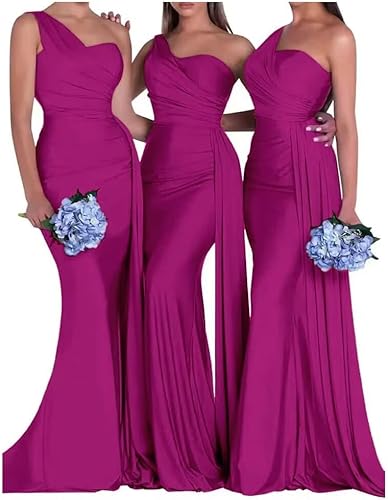 One Shoulder Mermaid Bridesmaid Dresses Satin Pleated Prom Dresses Bodycon Long Formal Evening Gowns with Train