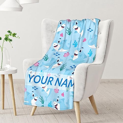 Personalized Shark Blanket Gifts with Name - 30"x40" Cute Throw Blanket for Kids & Adults - Blue Soft Fuzzy Blankets for Couch & Office