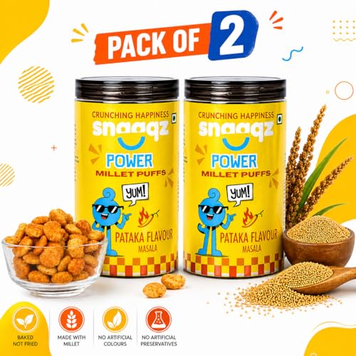 Image of Snaaqz Masala Millet Puffs Pack of 2 | Roasted Jowar Puffs 120g x 2 | Palm Oil Free Snack | Healthy Indian Millet Snack | Crunchy & Spicy Tea Time Namkeen