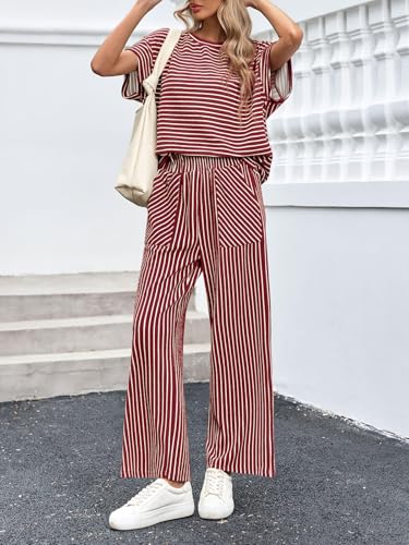 Image of Tankaneo Womens Striped 2 Piece Sets Short Sleeve T Shirts Wide Leg Pants Matching Lounge Set with Pockets
