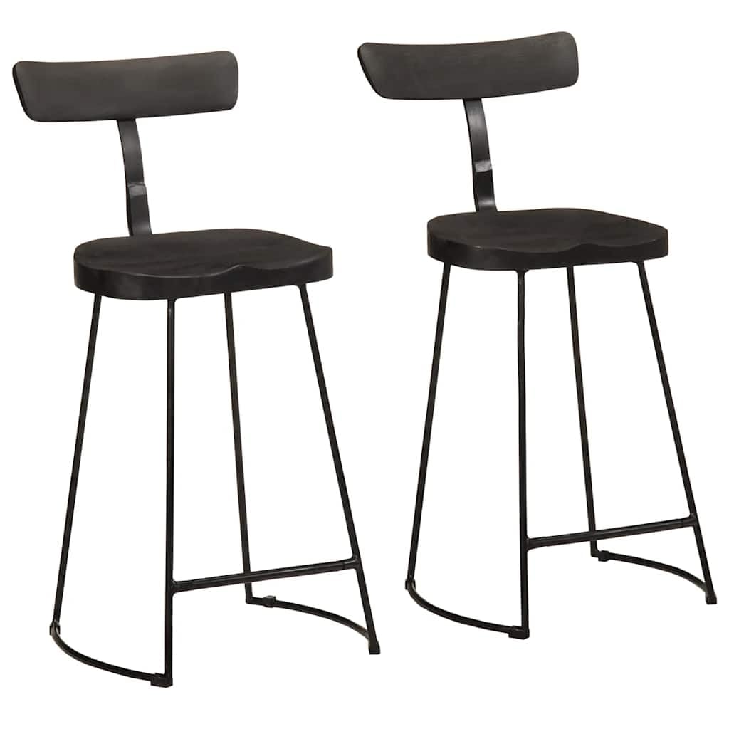 Taburetes Bar 2pcs Madera de Mango Sólido Negro Con Patas De Metal