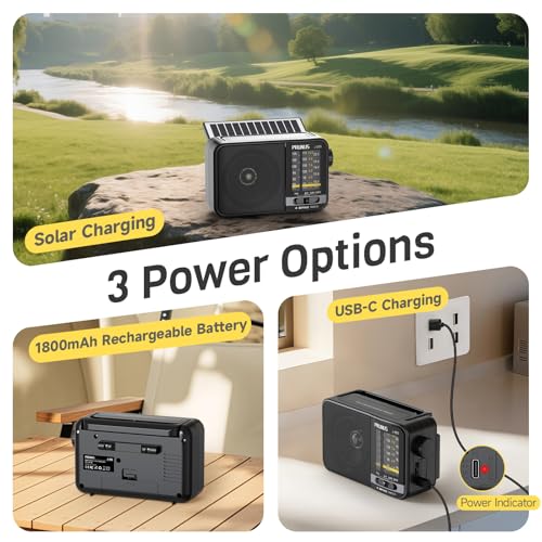 Image of PRUNUS J-25S Portable MW AM SW Radio FM for Home 1800mah Rechargeable Battery Solar Panel Charging New Model Long Antenna DSP Chip Good Reception Tuning Knob USB-C Charge with Handle
