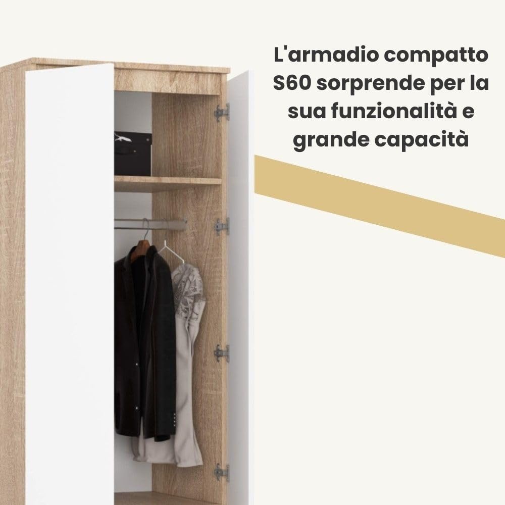 AKORD | Armadio STAR S | 60 cm Due Ante | 2 Cassetti con ripiani e Asta Appendiabiti | Mobiletto Cameretta Camera da Letto | Guardaroba | Pannello in laminato 16 mm | Sonoma/Bianco