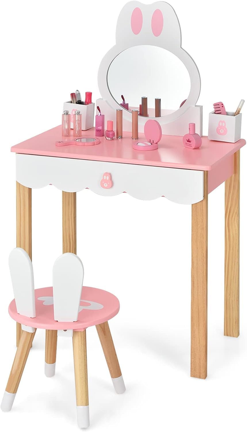 FANTASK Tocador Infantil con Taburete, tocador de Princesa en Rosa y Blanco, tocador con cajones de Espejo y Caja de Almacenamiento para niñas