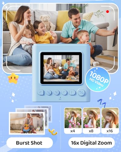 Image of TIATUA Kids Instant Print Camera, 1080P HD Video Digital Toy, Blue | Includes 32GB Card, 3 Rolls Paper & 5 Coloured Pens, Inkless Print, 16x Zoom, Christmas Birthday Toy Gift for Kids 3-14
