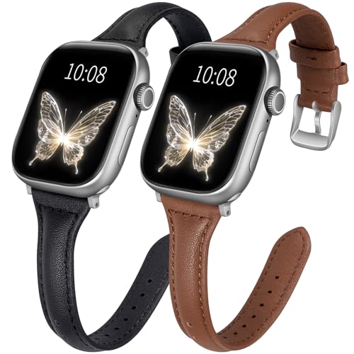 2 pack Slim Leather Bands Compatible with Apple Watch Band 38mm 40mm 41mm 42mm(Series 11/10) Women,Top Layer Genuine Leather Strap for iWatch Series 9/8/7/6 5/4/3/2/1/SE(Black/Brown)