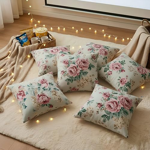 Image of Clasiko Cotton Cushion Covers 20x20 - Set of 5 Decorative Cushion Covers, Vintage Rose, Soft Cotton, Hidden Zip, Sofa & Bedroom Decor
