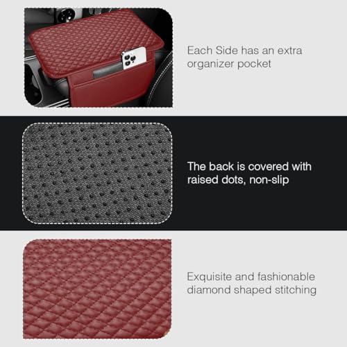 Image of Lyrovo PU Leather Car Armrest Cushion Pad With Side Pockets, Universal Fit for All Car (Maroon)