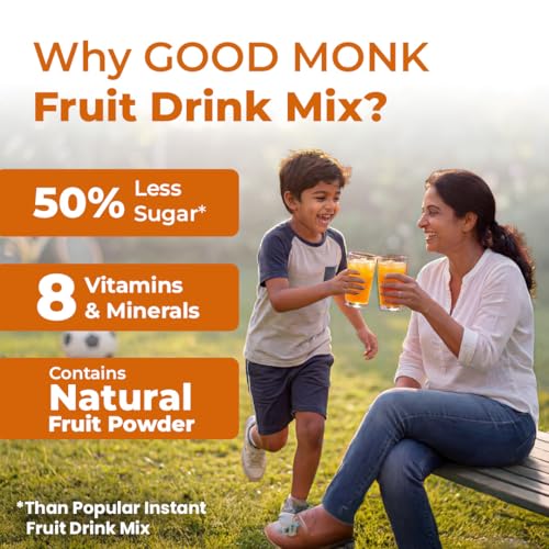 Image of Good Monk Fruit Drink Mix (Natural Orange Powder), 50% Less Sugar with 8 Vitamins & Minerals (Vitamin B12, C, D, Iron & more) | Tasty, Healthy & Tangy Drink Mix for Hydration, Energy, Immunity, 24 Sachets