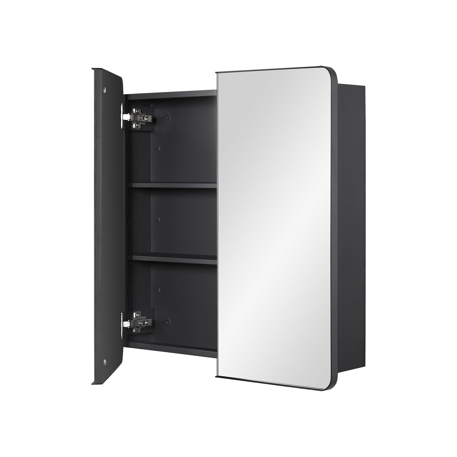 Fundin Armario con espejo de baño con espacio de almacenamiento, puertas dobles, marco de metal con esquinas redondas, estantes ajustables, color negro mate, montaje en superficie, 60 x 65 cm