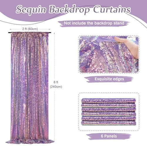 Image of SoarDream Mermaid Purple Sequin Backdrop 6 Pcs 2ftx8ft Glitter Backdrop Curtains for Mermaid Themed Birthday Christmas Party Decorations