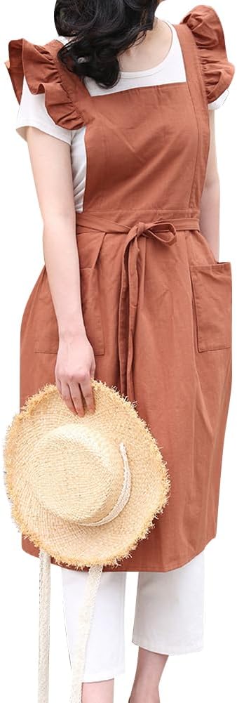 OBEEII Apron for Women Girls Cute Cotton Linen Kitchen Cooking Apron Dress with Pockets Vintage Ruffle Apron Pinafore Dress Baking Gardening Work Art Painting Overalls Dark grey -ruffle One Size