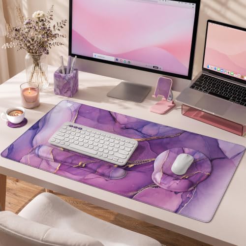 iCasso Purple Ergonomic Large Mouse Pad with Wrist Support, 4in1 XXL Desk Mat Set- Keyboard Wrist Rest + Mouse Wrist Rest + Coaster, Marble Style Desk Pad Mousepad