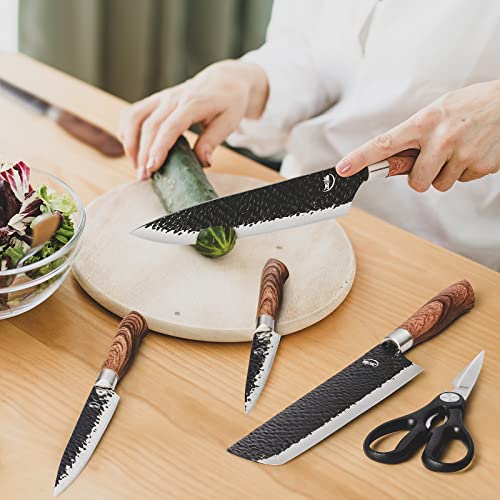 Ritsu Chef Knife - 8" Chef's Knife, Black Titanium Coated Blade Japanese Chef Knife, Sus430 Stainless Steel Handle, Ultra Sharp Kitchen Knife (6 Pc Knife Set) (Knife-004) #TOP3