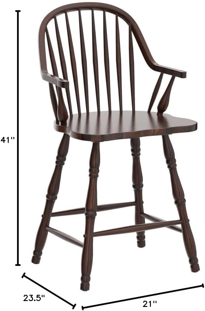 Sunset Trading Andrews 24" Windsor Barstool with Arms | Counter Height Stool | Distressed Chestnut Brown | Set of 2