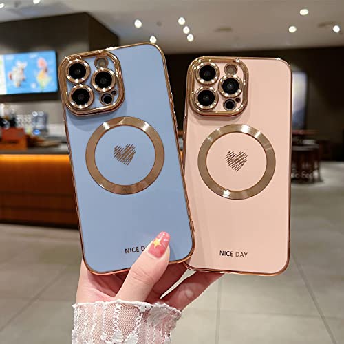 Ly&Sasif Iphone 14 Pro Max Magnetic Case, Compatible With Magsafe, Luxury Plating Cute Love Heart Bling Phone Case For Women Girls, Soft Tpu Full Camera Shockproof Protective Case (Pink) #TOP6
