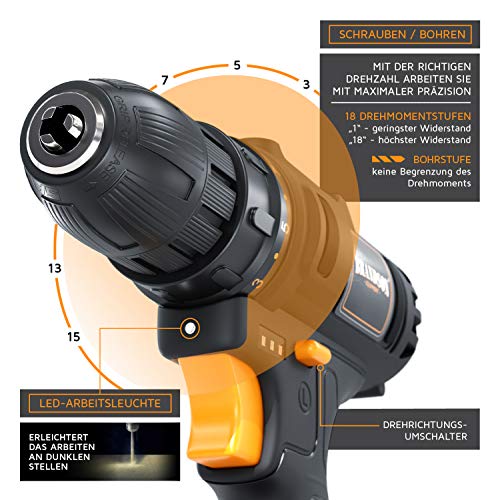 Brandson - 21 V Akkuschrauber - Akku Bohrschrauber - 21 V Lithium-Ionen Akku, 2 Geschwindigkeitsstufen, 32 Nm Drehmoment… – Bild 4