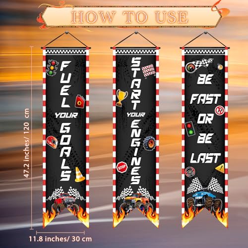 Image of Chiisong 3 Pcs Race Car Party Banners Racing Fans Birthday Decor Monster Truck Hanging Porch Sign Truck Fuel Can Checkered Flag for Car Theme Birthday Party Supplies Inspirational Classroom Decoration