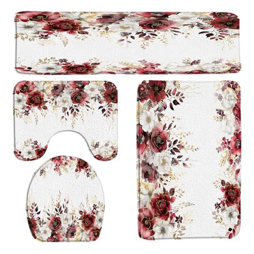 4Pcs Red Flower Bath Mat Set Spring Watercolor Floral Pastel