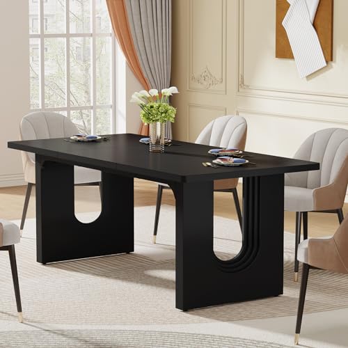 Image of Tribesigns Modern Dining Table for 6 People, 71 inch Large Kitchen Dining Table with Wood Pedestal Base, Rectangular Long Dinner Table for Kitchen, Dining Room, Living Room, Black