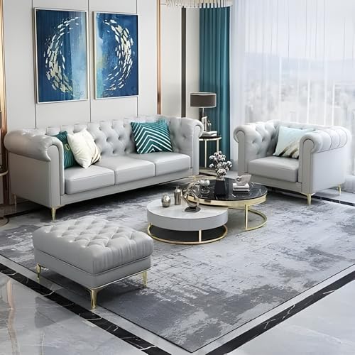 Image of A to Z Furniture Modern Classic Fabric & Valvet Tufted Chesterfield Sofa Living Room and Office (Grey leatharrate)