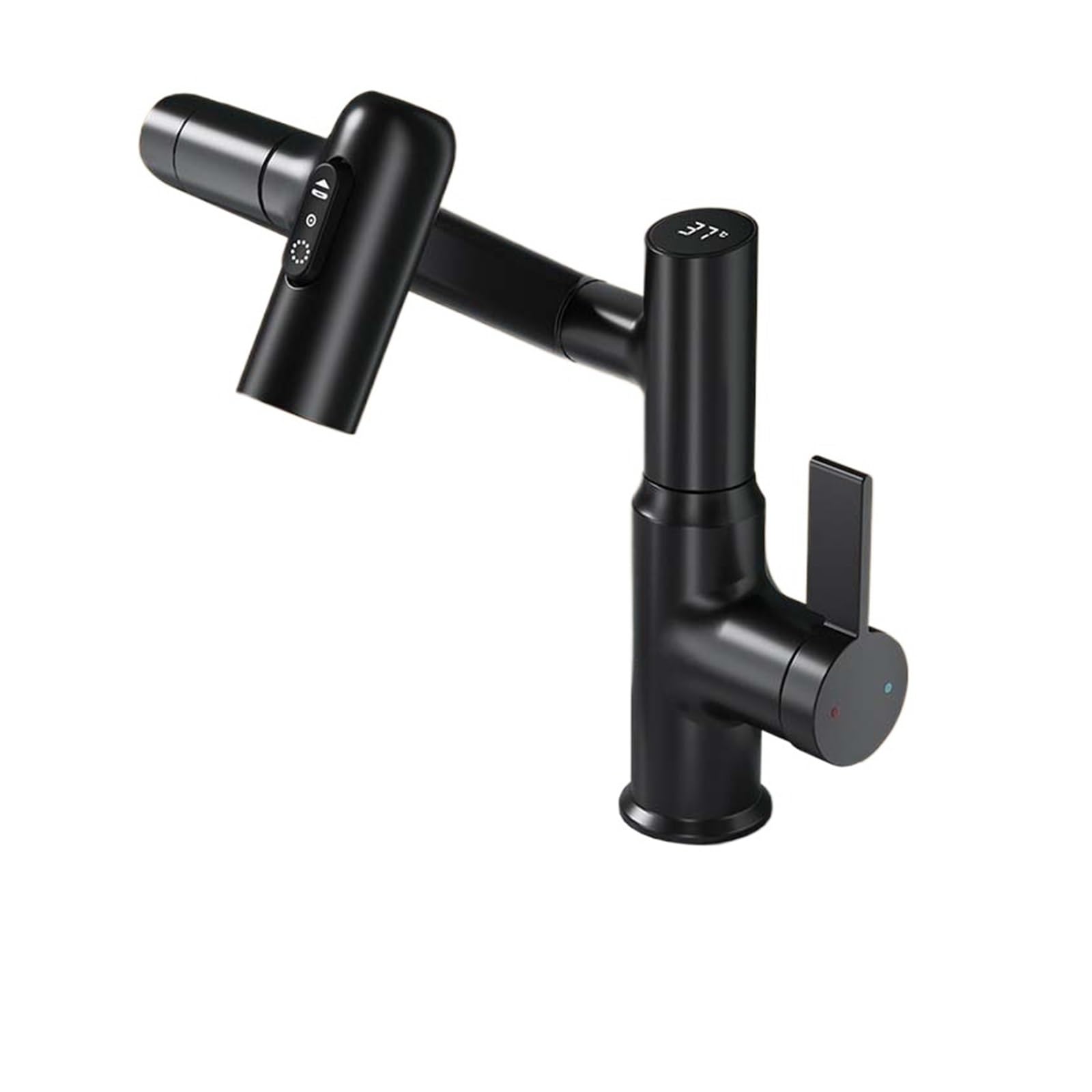 Grifo de lavabo extraíble giratorio de 360° con mezclador de agua caliente y fría, montaje en encimera, pistola de pantalla digital, gris, grifo moderno para lavabo de baño para estilo y funcionalidad