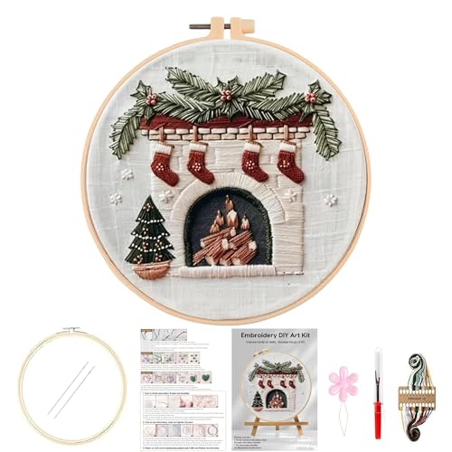 Image of Huacan Embroidery Kits for Adults Beginner DIY Cross Stitch Stamped Christmas Pattern Stitching Fireplace Sewing Kit 1 Piece 7.8 x 7.8 Inch