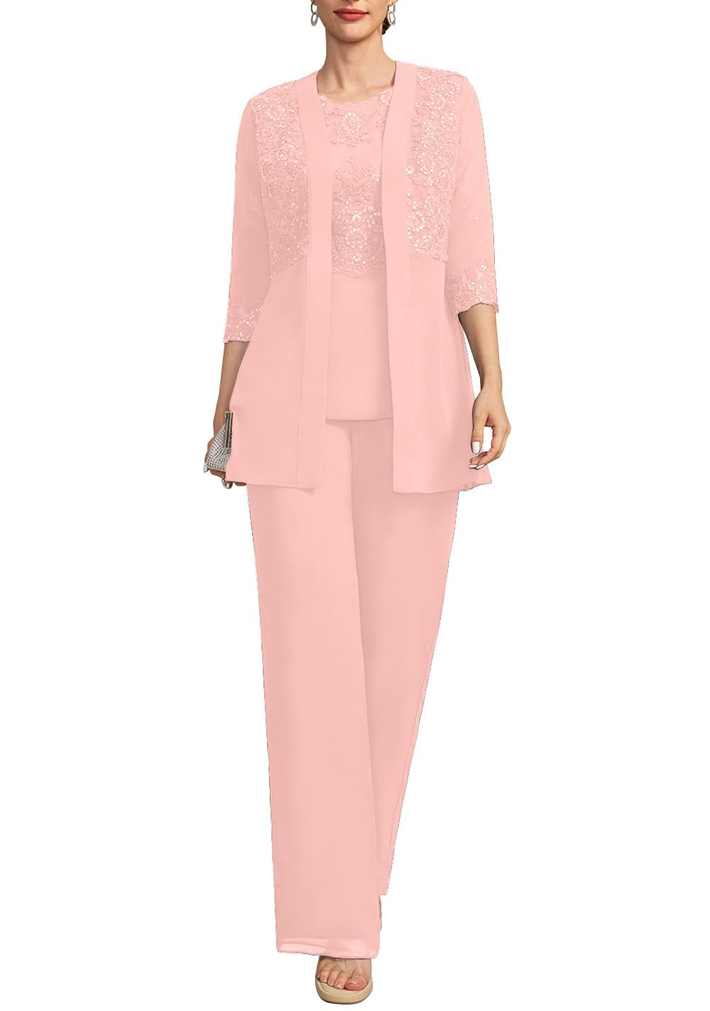 3 Pieces Mother of The Bride Pant Suits for Women Dressy Lace Appliques Sequin Formal Wedding Guest Groom