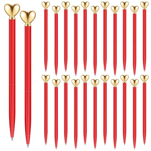 Thenshop Red 24 Pcs Heart Shaped Pens Retractable Metal Cute Pens 1.0 mm Black Ink Ballpoint Decorative Engagement Gifts for Bridesmaid Women Wedding Bridal Shower Sleepover Party