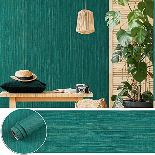 Emerald Green Grasscloth Wallpaper 17.7''x100'' Self Adhesive Fabric Peel and Stick Wallpaper Linen Textured Removable Faux Grasscloth Contact Paper for Cabinets Liners Bedroom Wall Covering Paper