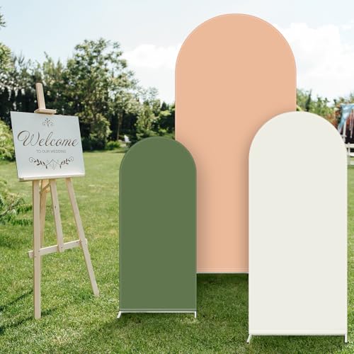 Image of VitalCozy Set of 3 Wedding Arch Cover 6ft, 6.5ft, 7.2ft Fabric Arch Backdrop Cover Double Sided Fitted Spandex for Baby Shower Birthday Party Decoration, Frame Not Included(Beige Green Series)