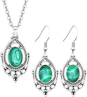 CuLtP Stein Ohrringe,Damen-Schmucksets, Vintage-Stil, Filigrane Intarsien, Ovaler Malachit-Anhänger, Halskette, Ohrhänger,...