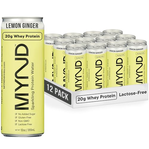 Image of MYND Sparkling Protein Water, Clear Protein Drink - 20g Whey Protein Isolate Per Can, 12 Pack - Lactose Free, Gluten Free, No Added Sugar - Ready-to-Drink Carbonated Protein Drinks - Lemon Ginger