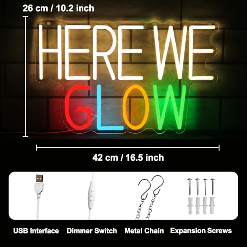 Image of Here We Glow Neon Sign Congrats Grad LED Light for Prom Night Party Decor | Dimmable Letter Neon Lights for Bedroom, Prom Light Up Signs, Acrylic Wall Art, USB Powered, Graduation Backdrop Decor, Gifts