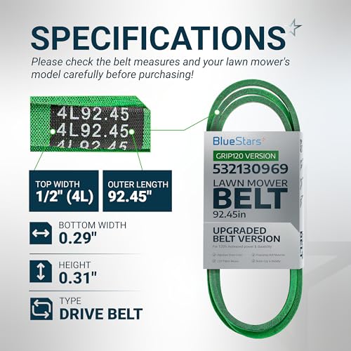 Image of [Upgraded Grip120] BlueStars 532130969 130969 Drive Belt Aramid Cord 92.45 inch | Drive Belt for Husqvarna YTH24K48 YTH2348 LGT2654 YTH22V46 LGT2554 Craftsman Poulan 592855201 584444701 532 13 09-69 21546080