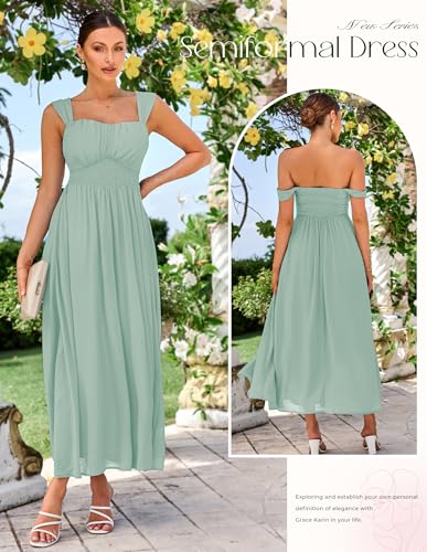 Image of GRACE KARIN 2026 Women's Summer Floral Wedding Guest Dress,Beach Flowy A Line Maxi Off Shoulder Bridesmaid Dresses