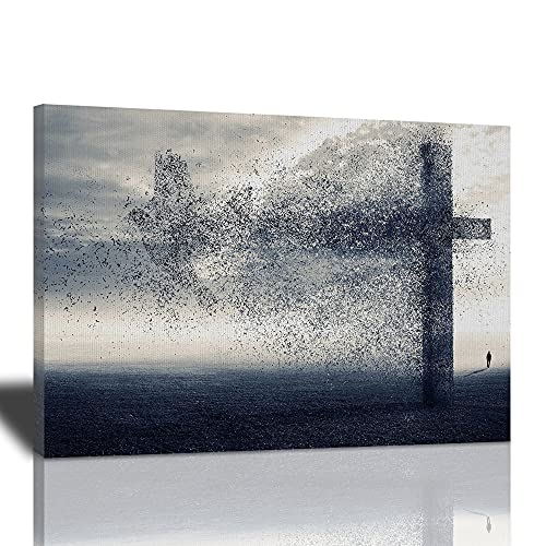 The Cross And Dove Wind Framed Canvas Wall Art Religious Christian Wall Decor Black And White Faith Paintings Creative Artwork Christian Art Poster Cross Decorations For Wall Bedroom Living Room Decor #TOP4