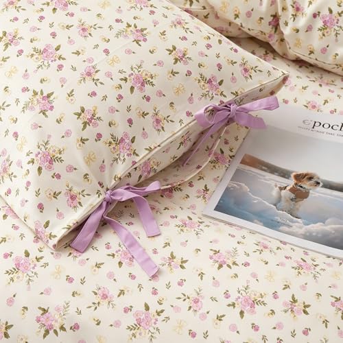 Image of LifeTB Floral Cottagecore Comforter Set Queen, 3 Pieces Vintage Flowers Comforter Coquette Aesthetic Bedding Set for Girls Teen Women, Soft Lightweight Botanical Comforter with 2 Bow Ties Pillowcases
