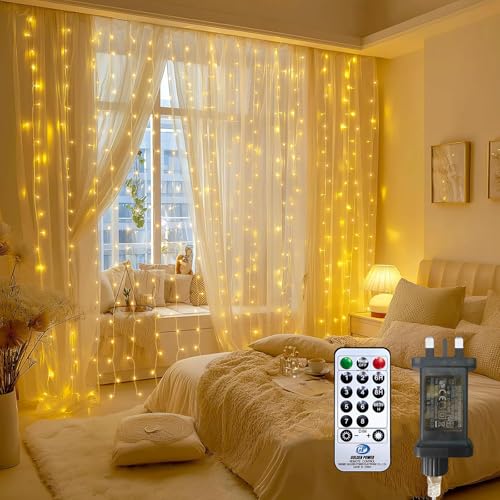 Afaiup Christmas LED Curtain Lights, 2M x 2M String Window Lights,200LEDS Warm White Fairy Lights Plug in,8 Modes Remote Control Indoor Christmas Decorations for Home, Bedroom,Window,Wall