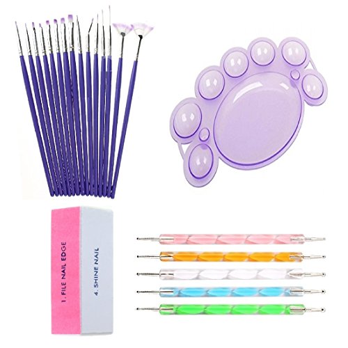 Royalkart Combo Of 15 Pcs Nail Art Brush Set,5 Pcs Double - Sided Nail Art Dotting Tool, Nail Paint Mixing Palette & Nail Art Buffer(Multi)