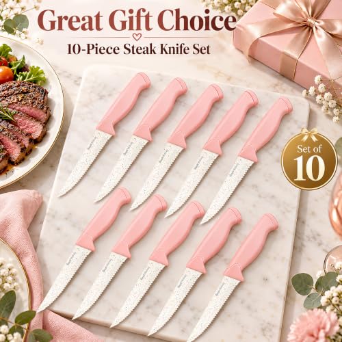HENKELIVING Steak Knives Set of 10, PeachPink Serrated Steak Knife Set - image 7
