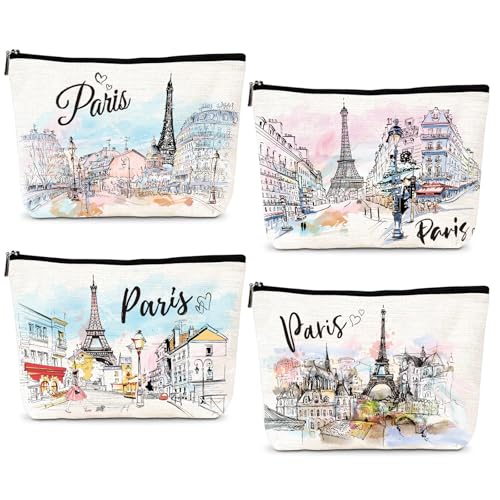 Luvsweets Paris Gifts Travel Essentials - 4Pcs Eiffel Tower Makeup Bag, France Paris City Watercolor Cosmetic Bags with Zipper Pouch, Weekend Vacation Trip Gifts for Travellers Women Girls