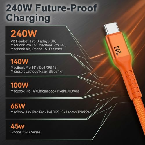 Image of Verilux PD 240W Type C Cable Fast Charging with 480Mbps Data Transmission | 3M /9.9Ft C Type Charger Cable Braided for iPhone 17 /17 Pro /17 Pro Max /16 /15 Series, Galaxy S26 /S25 /S24, MacBook