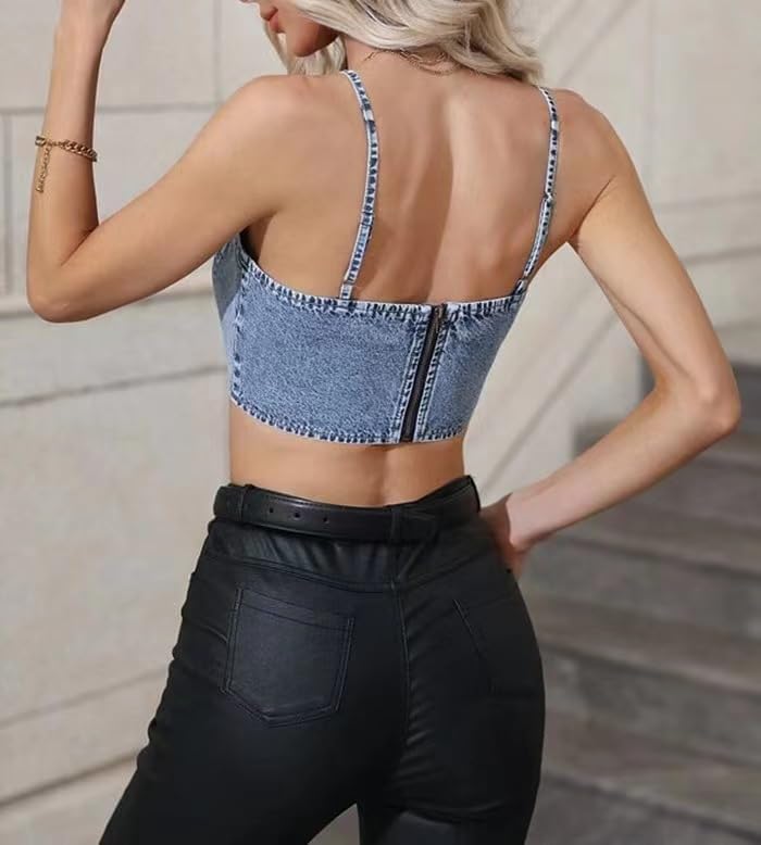 Kvor Women Vest Chic Shoulder Lady Corset Tube Top Sexy Jeans Camisole Top Denim Top - Image 6